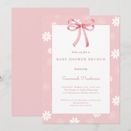 ホワイトデイジー ピンクリボン ベビーシャワー ブランチ 招待状 (正面/裏面)