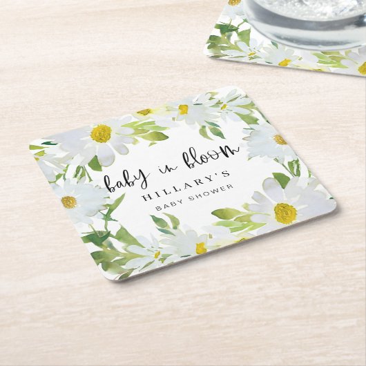 ホワイトデイジー |ベビーシャワー夏フローラ開花 スクエアペーパーコースター (アングル)
