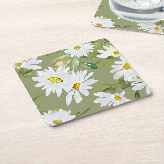 ホワイトデイジー |ベビーシャワー夏フローラ開花 スクエアペーパーコースター (アングル)