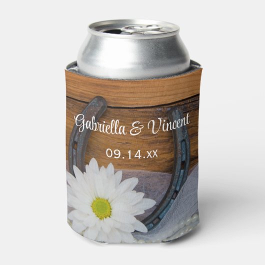 ホワイトデイジー&ホースシューウェスタン結婚式の引き出物 缶クーラー (缶正面)
