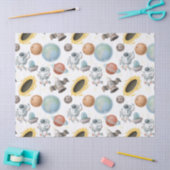 ホワイトデコページ上の宇宙飛行士、ロケット、惑星 薄葉紙 (クラフト)