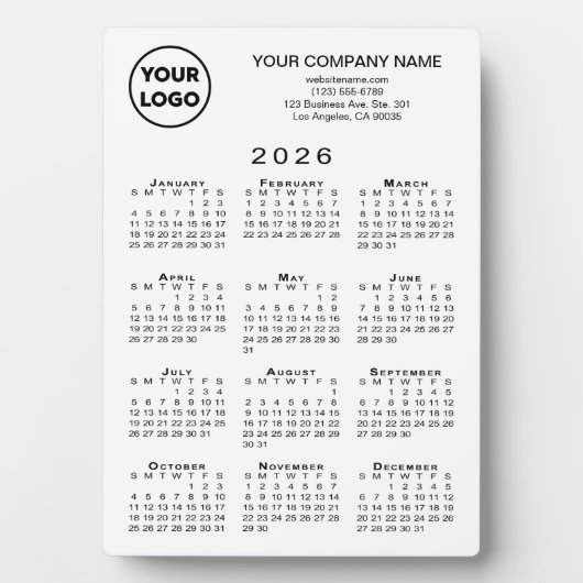 ホワイトデスクトップ上の2026年カレンダーのビジネス文字 フォトプラーク (正面)