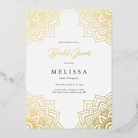 ホワイトデリケート金ゴールドマンダラブライダルシャワー 箔招待状 (正面)