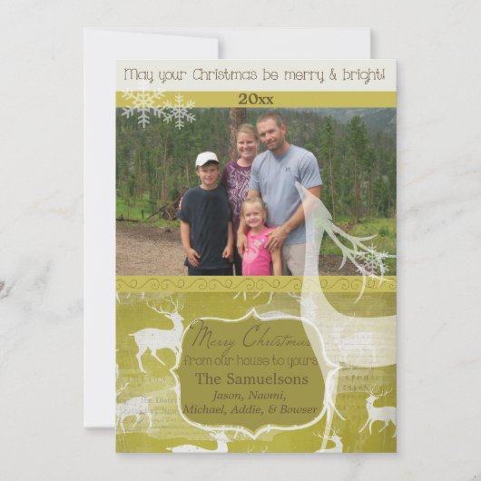 ホワイトトナカイのグリーンフォトホリデーカード シーズンカード (正面)