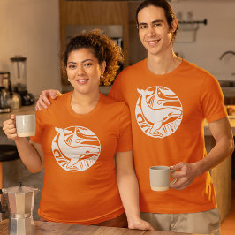 ホワイトトライバルアートキラーホエールロゴオルカオレンジ Tシャツ