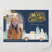 ホワイトトラック雪だるまクリスマスフォトネイビーブルー金ゴールド 箔シーズンカード (正面)