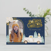 ホワイトトラック雪だるまクリスマスフォトネイビーブルー金ゴールド 箔シーズンカード (立ち正面)