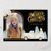 ホワイトトラック雪だるまクリスマス写真ブラックゴールド 箔シーズンカード (正面)