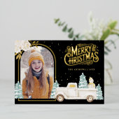 ホワイトトラック雪だるまクリスマス写真ブラックゴールド 箔シーズンカード (立ち正面)