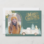 ホワイトトラック雪だるま金ゴールドクリスマスフォトティール(緑がかった色) シーズンカード (正面)