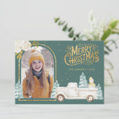 ホワイトトラック雪だるま金ゴールドクリスマスフォトティール(緑がかった色) シーズンカード (スタンド正面)