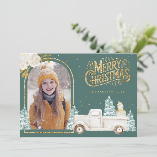ホワイトトラック雪だるま金ゴールドクリスマスフォトティール(緑がかった色) シーズンカード (スタンド正面)