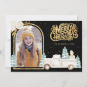 ホワイトトラック雪だるま金ゴールドクリスマスフォトブラック シーズンカード (正面)