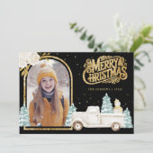 ホワイトトラック雪だるま金ゴールドクリスマスフォトブラック シーズンカード (スタンド正面)