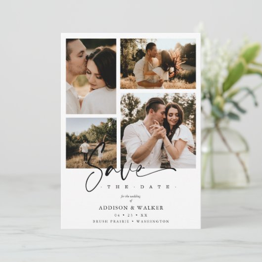 ホワイトトレンディー結婚コラージュの救日付4枚の写真 (スタンド正面)