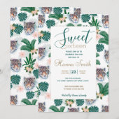 ホワイトトロピカルフラワーフォリアージとヒョウの顔 招待状 (正面/裏面)