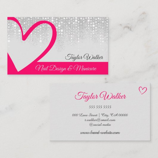 ホワイトドかわいらしリップピンクハートカリグラフィ爪、 ネイル 名刺 (正面/裏面)
