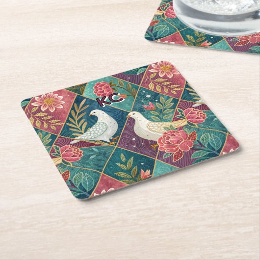 ホワイトドエレガントーブピンクフローラ&金ゴールド幾何学模様 スクエアペーパーコースター (アングル)