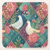 ホワイトドエレガントーブピンクフローラ&金ゴールド幾何学模様 スクエアペーパーコースター (正面)