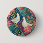 ホワイトドエレガントーブピンクフローラ&金ゴールド幾何学模様 缶バッジ (正面)