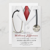 ホワイトドクターコートモダン看護学校卒業 招待状 (正面/裏面)