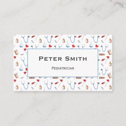 ホワイトドクター機器パターン小児科医 名刺 (正面)