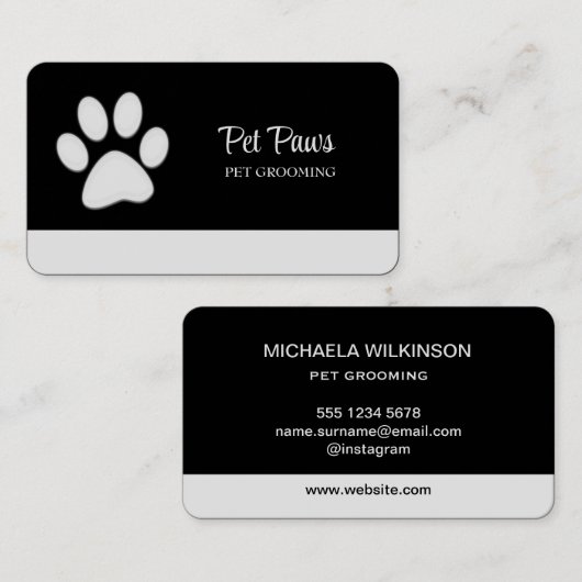 ホワイトドッグポーオンブラックペットグルーミングサービス 名刺 (正面/裏面)