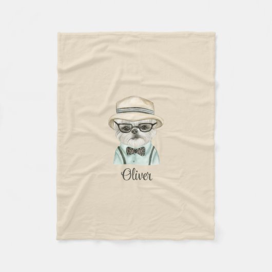 ホワイトドッグマルテザー男の赤ちゃんおもしろいパピー フリースブランケット (正面)