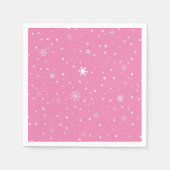 ホワイトドット&スノーフレークスホリデーナプキンス付きピンク スタンダードカクテルナプキン (正面)