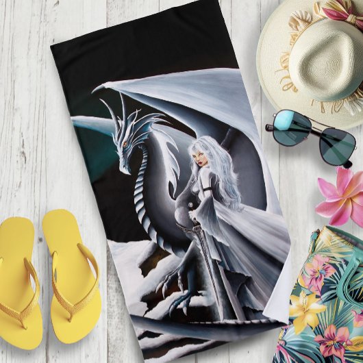 ホワイトドラゴンウーマンファンタジーオーロラ ビーチタオル