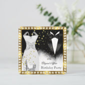 ホワイトドレエレガントスブラックタイ金ゴールド誕生日パーティー 招待状 (スタンド正面)