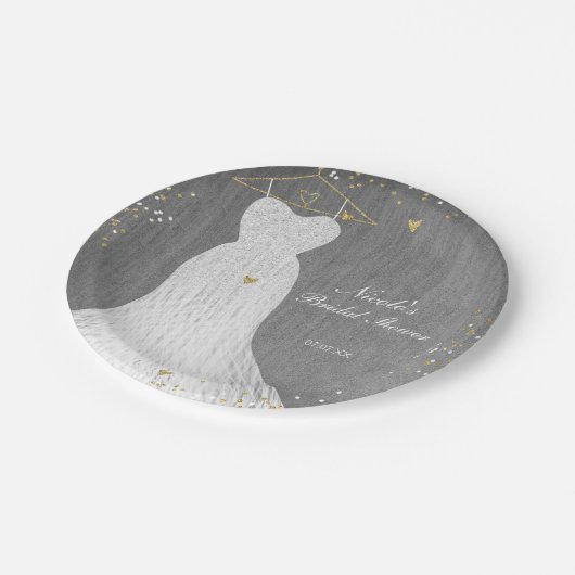 ホワイトドレスオン金ゴールドハンガーブライダルシャワーパーティー ペーパープレート (アングル)