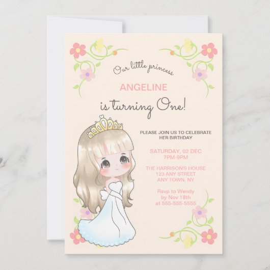 ホワイトドレスプリンセスフローラピーチ誕生日 招待状 (正面)