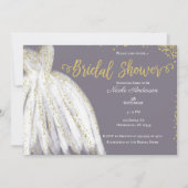 ホワイトドレス金ゴールドグリッターパープルグレーブライダルシャワー 招待状 (正面)