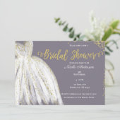 ホワイトドレス金ゴールドグリッターパープルグレーブライダルシャワー 招待状 (スタンド正面)