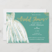 ホワイトドレス&金ゴールドグリッターティール(緑がかった色)ブライダルシャワー 招待状 (正面)