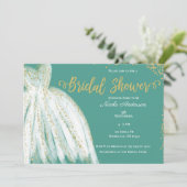 ホワイトドレス&金ゴールドグリッターティール(緑がかった色)ブライダルシャワー 招待状 (スタンド正面)
