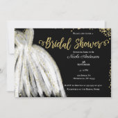 ホワイトドレス&金ゴールドグリッターブラックブライダルシャワー 招待状 (正面)