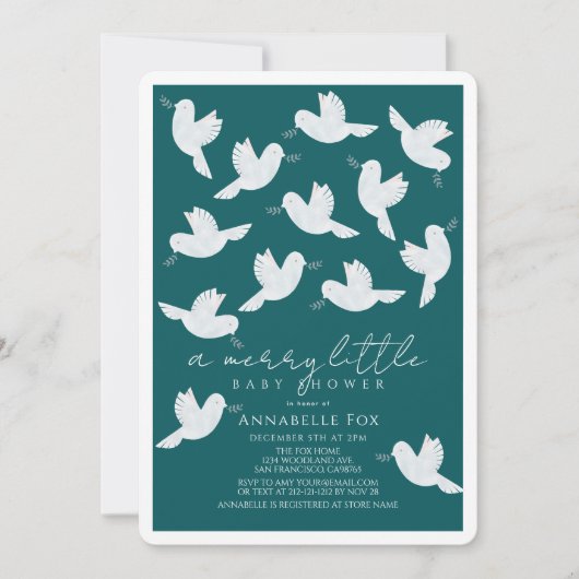 ホワイトドーブオリーブティール(緑がかった色)ボーイメリーリトルベビーシャワー 招待状 (正面)