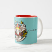 ホワイトドーブティール（緑がかった色）ブルー確認お祝い ツートーンマグカップ (正面右)