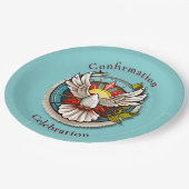 ホワイトドーブティール（緑がかった色）ブルー確認お祝い ペーパープレート (アングル)