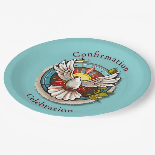 ホワイトドーブティール(緑がかった色)ブルー確認お祝い ペーパープレート (アングル)
