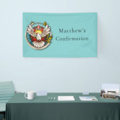 ホワイトドーブティール（緑がかった色）ブルー確認お祝い 横断幕 (トレードショー)