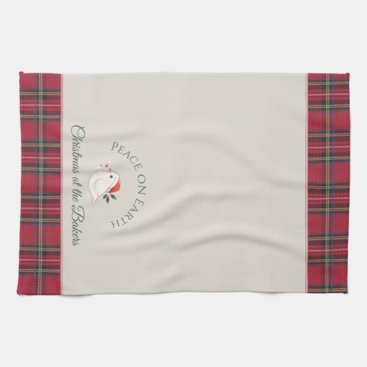 ホワイトドーブパーソナライズされたファミリー名クリスマス キッチンタオル (横)