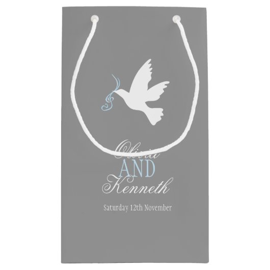 ホワイトドーブブルーグレー結婚式の引き出物カスタムバッグ スモールペーパーバッグ (裏面)