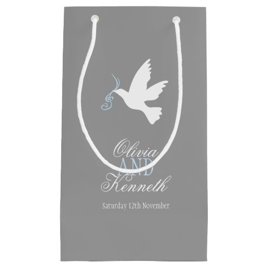 ホワイトドーブブルーグレー結婚式の引き出物カスタムバッグ スモールペーパーバッグ (正面)