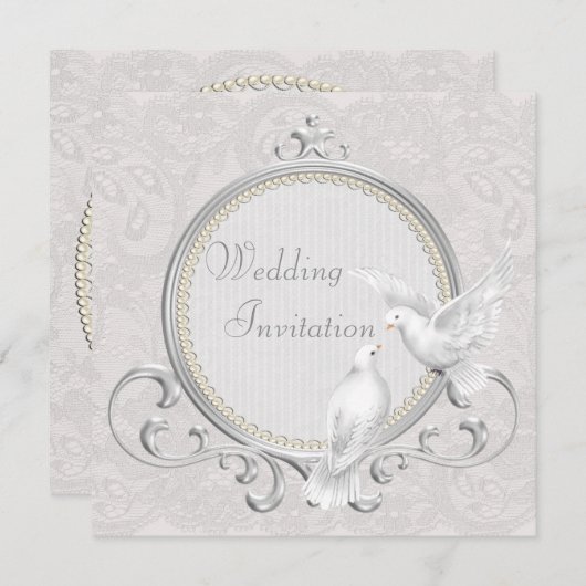 ホワイトドーブ&ペイズリーレース結婚式招待状 招待状 (正面/裏面)