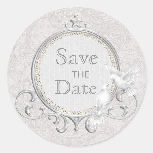 ホワイトドーム&ペイズリーレース日付の結婚保存 ラウンドシール (正面)