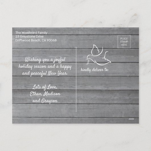 ホワイトドーヴモダンピースユニーク1フォトグレーウッド シーズンポストカード (裏面)