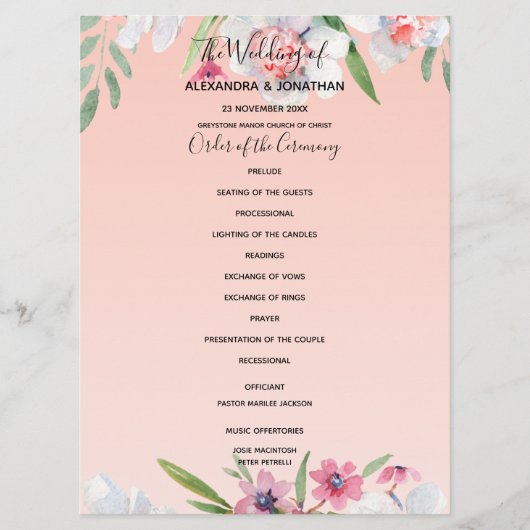 ホワイトナルキッスオンアプリコットピンク結婚式 プログラム (正面)